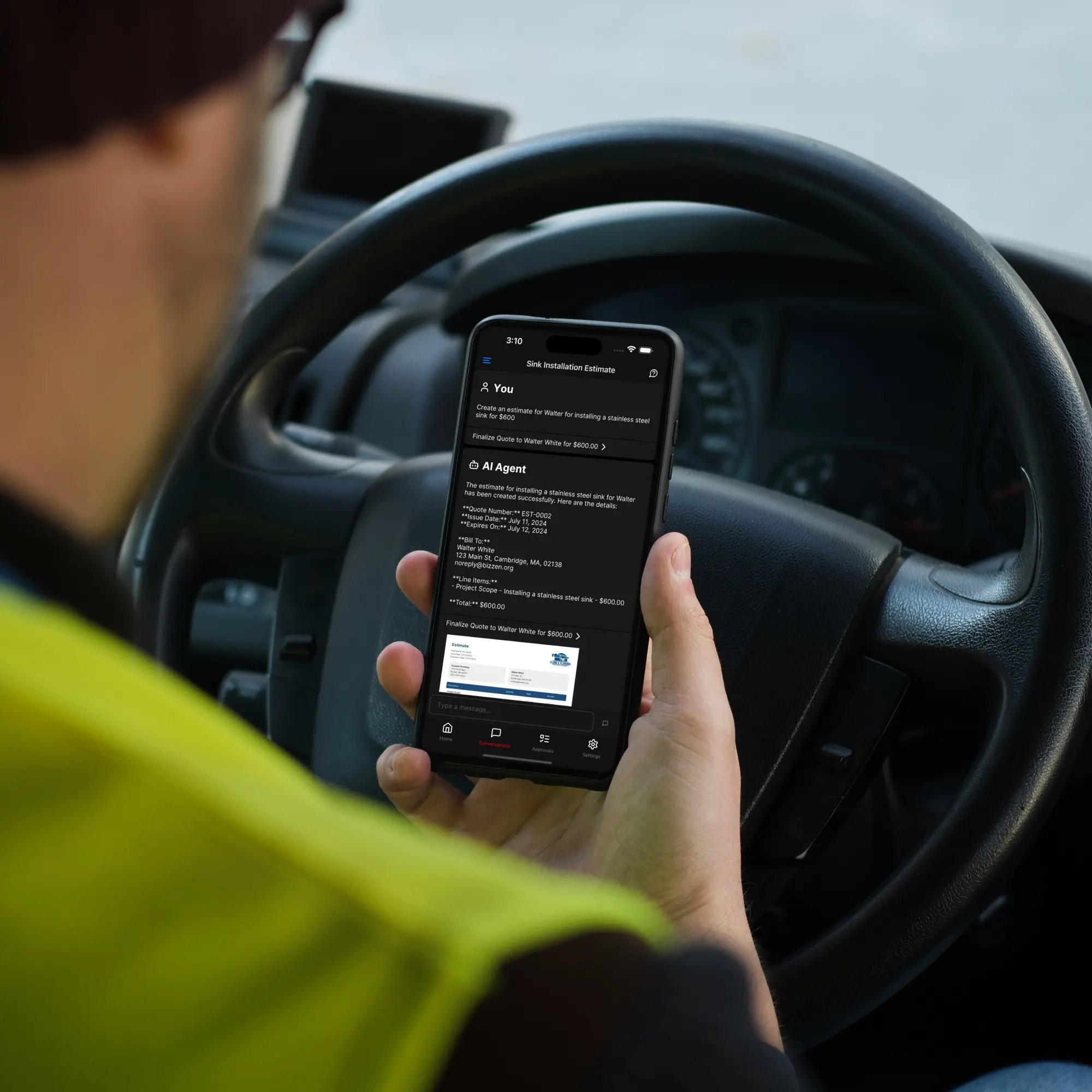 Contractor in car using Bizzen app