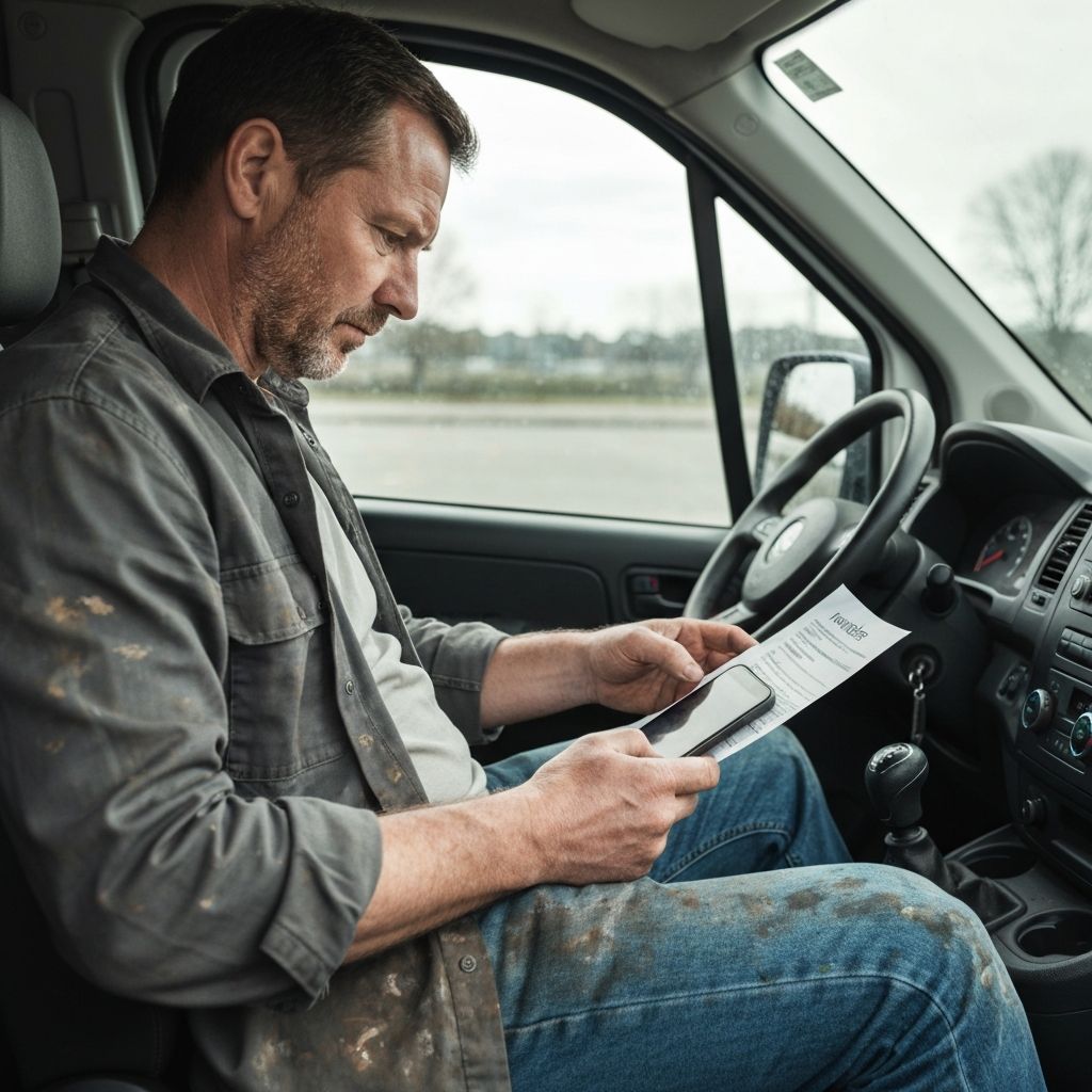 Contractor checking mobile invoice in van