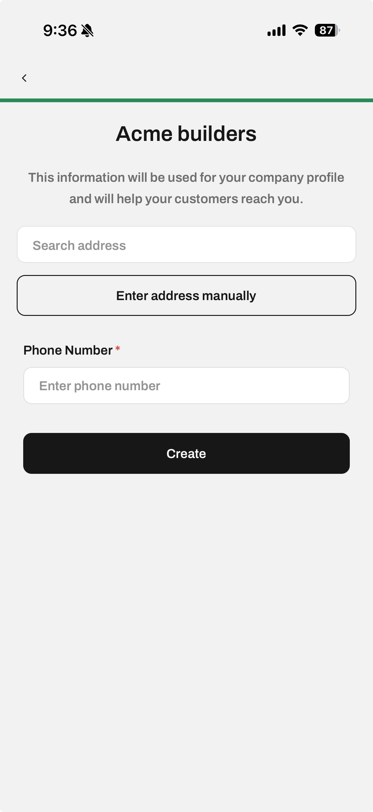 Company details screen with address and phone number fields