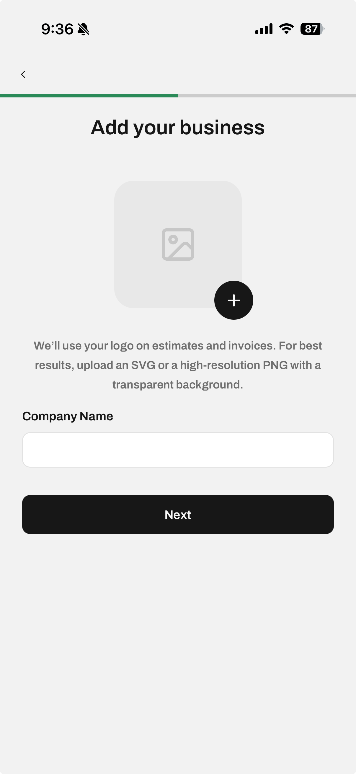 Add your business screen with logo upload and company name fields