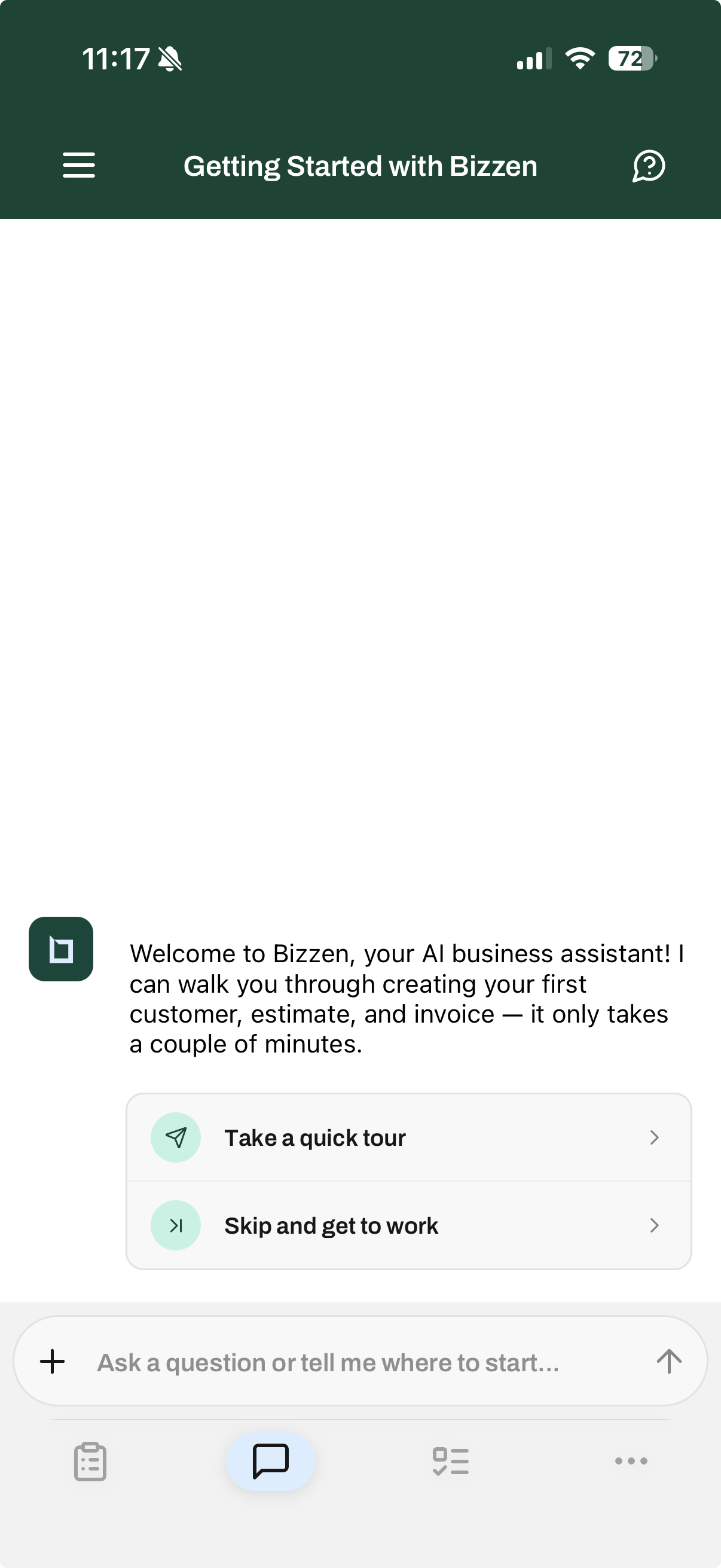 Conversation screen showing the AI assistant welcome message with options to take a quick tour or skip and get to work