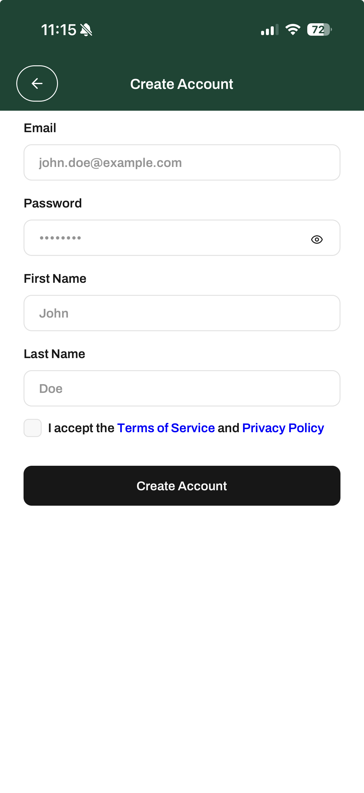 Create account screen showing fields for email, password, first name, and last name