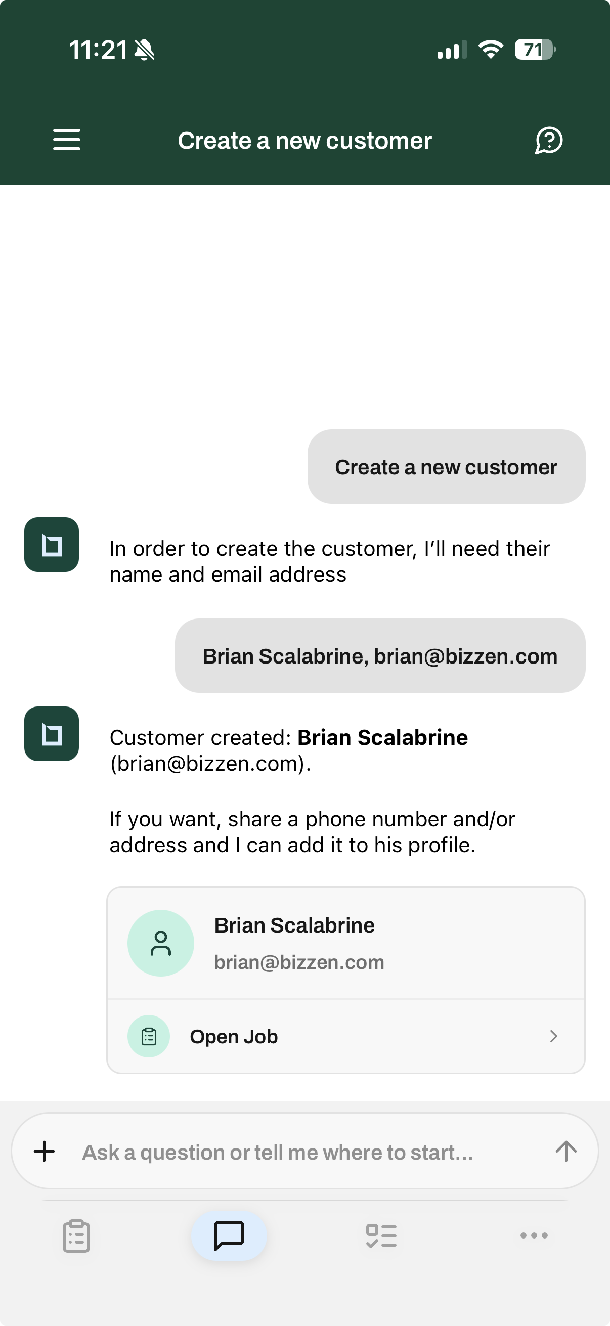Creating a new customer through the AI assistant — the assistant creates a customer and job, then shows an Open Job link