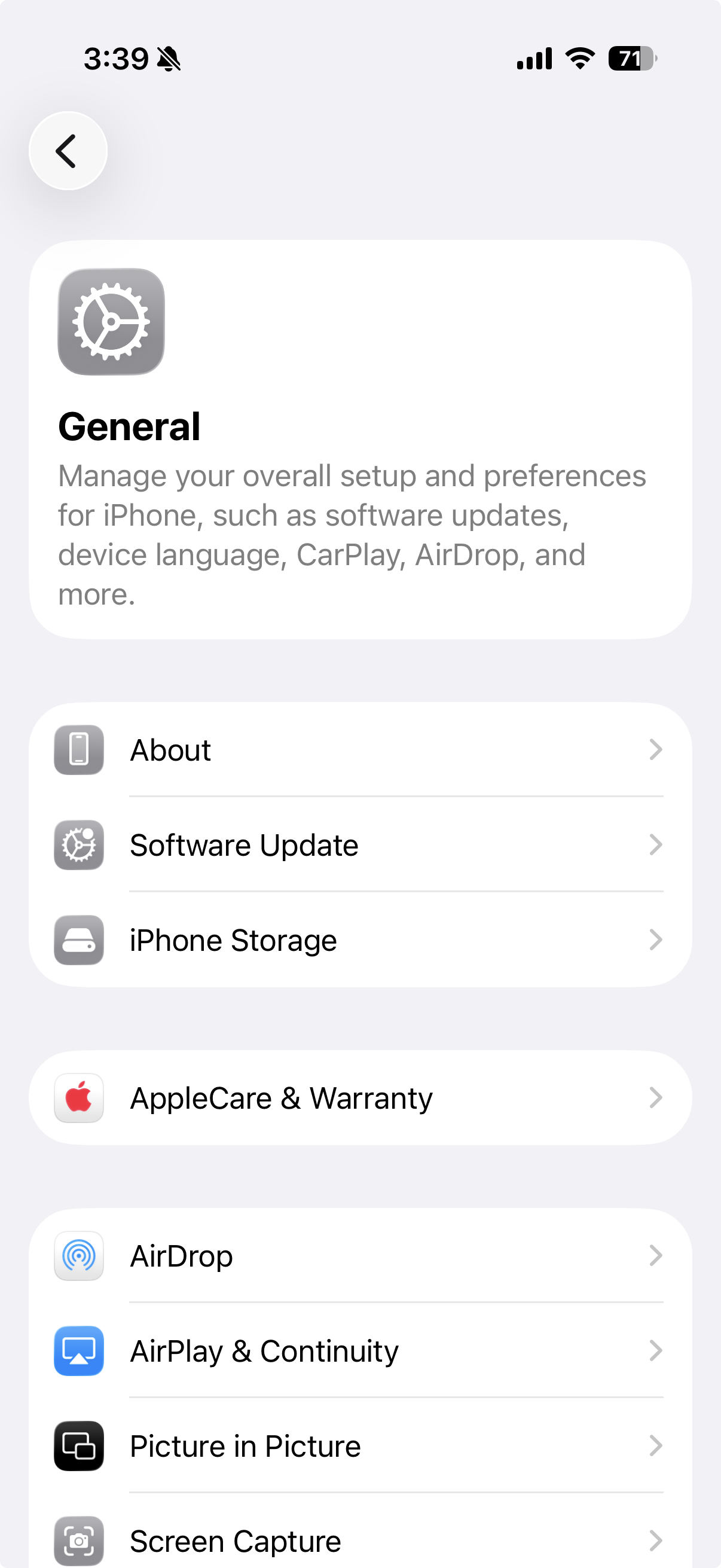 iPhone storage settings showing available space