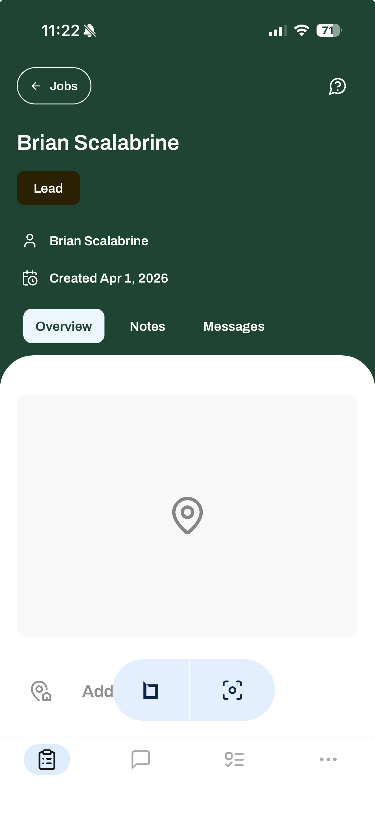 Job details screen showing the customer name, Lead status, and action toolbar at the bottom with the site visit button