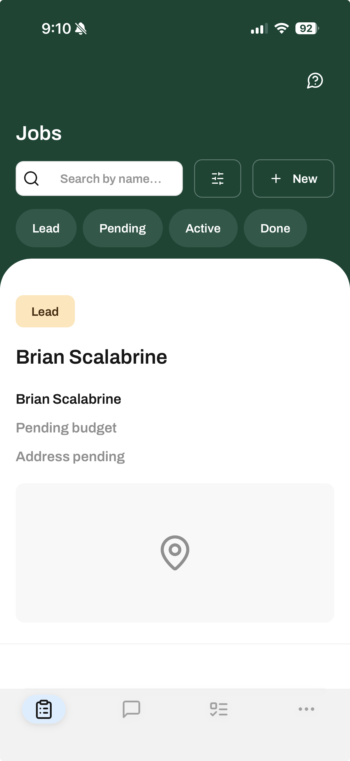 Jobs list screen with search, filter tabs, and a + New button to create a job