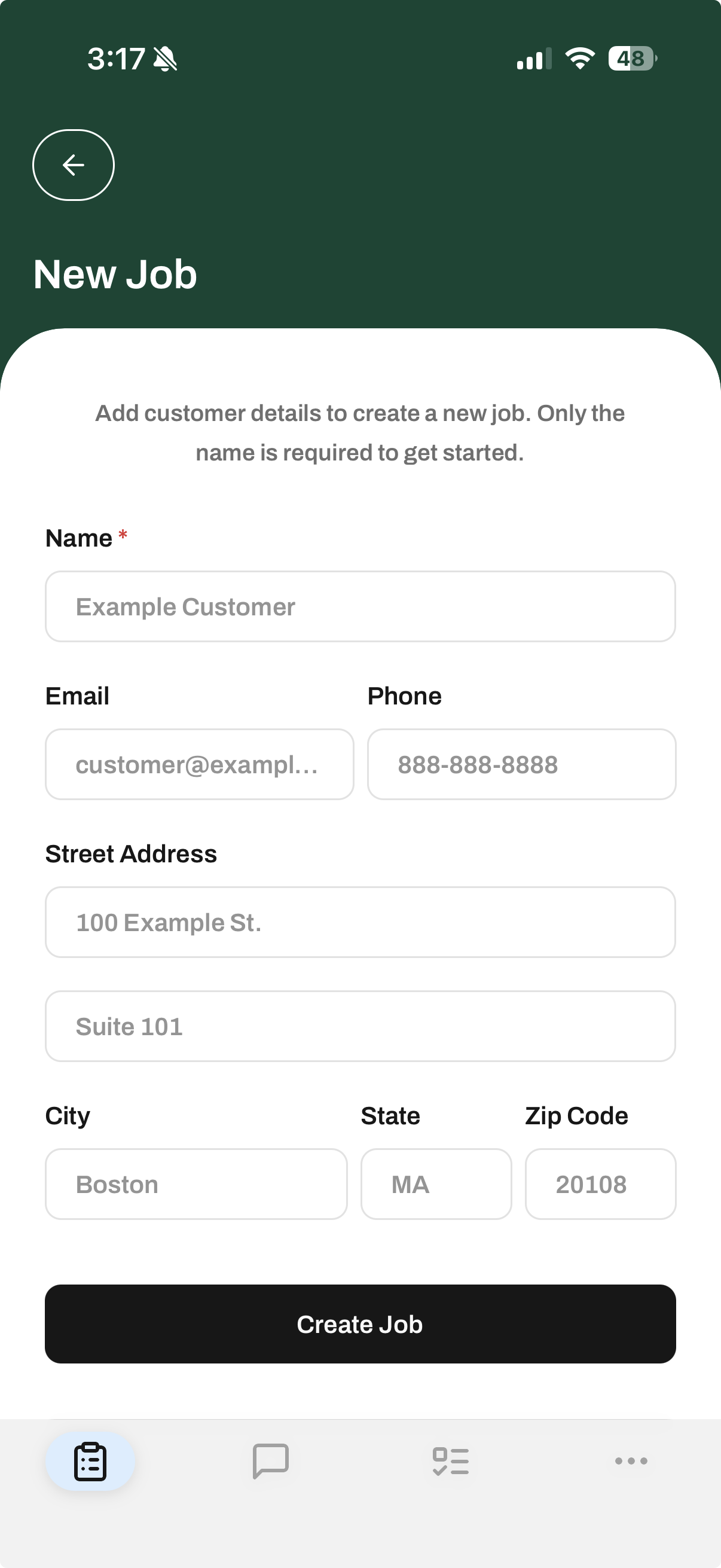 New Job form with fields for name, email, phone, and street address