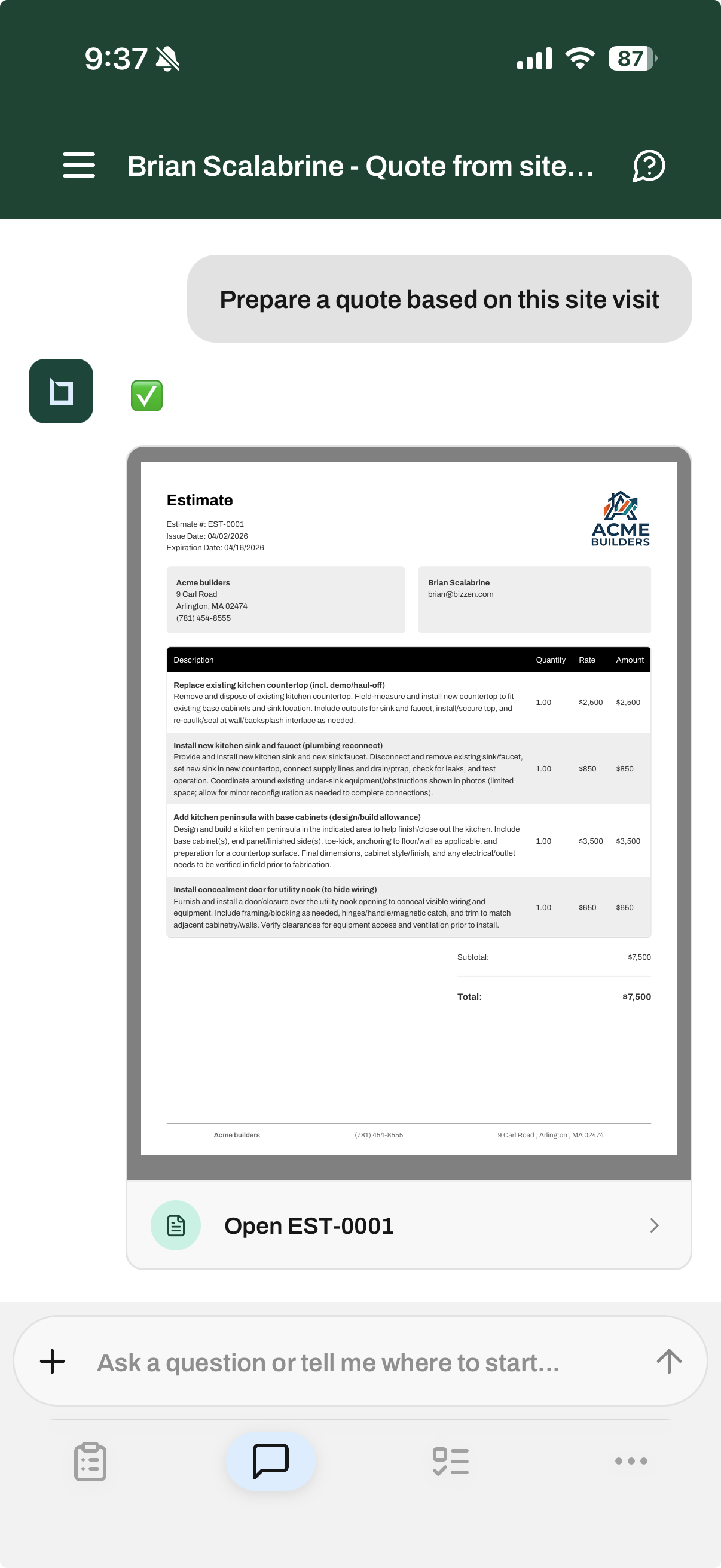 AI-generated estimate from a site visit, showing a rendered estimate document with line items and an Open Estimate link