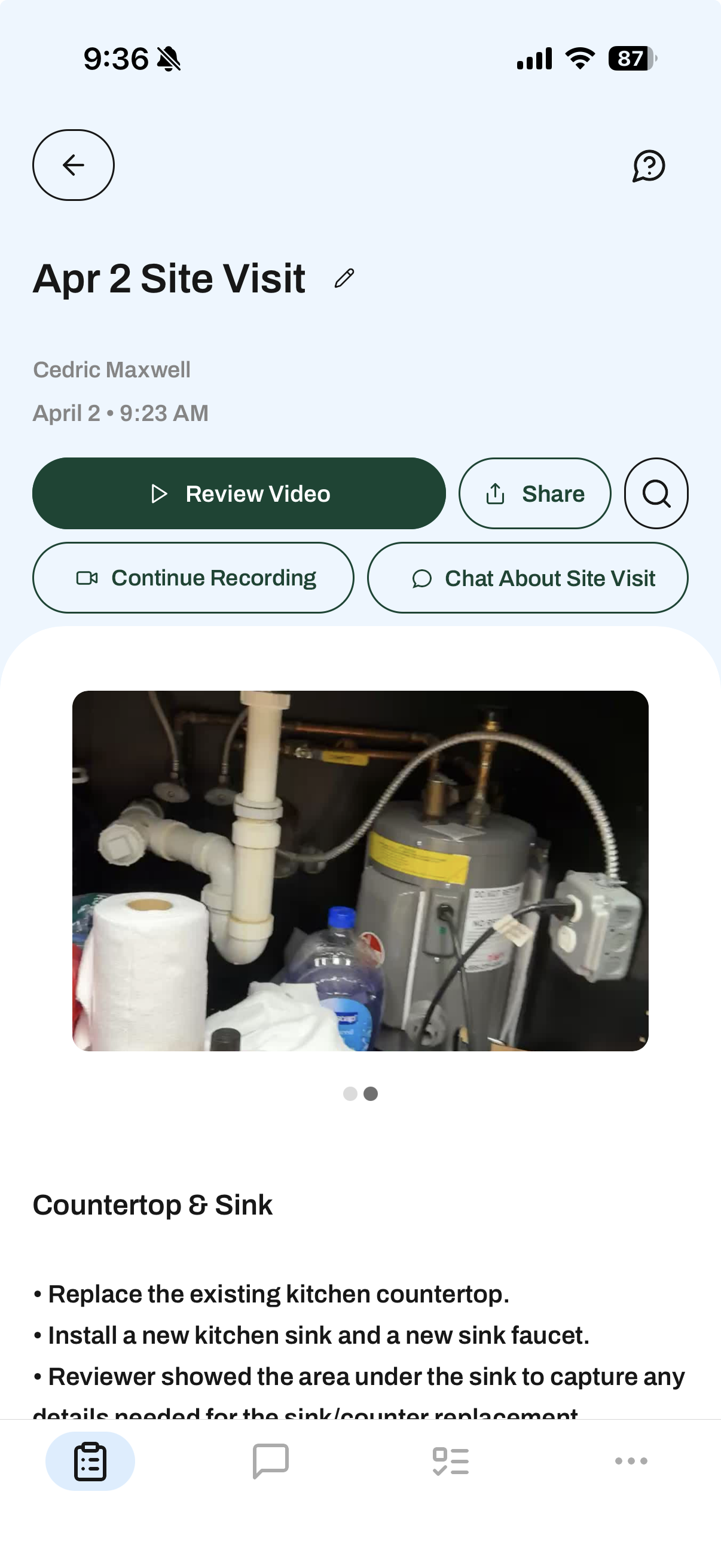 Site visit notes screen showing auto-generated scope items, photos, and options to review video, share, continue recording, or chat about the visit