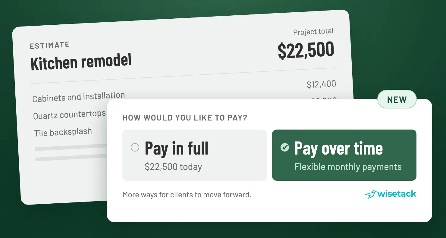 A $22,500 kitchen remodel estimate in Bizzen asking the customer how they'd like to pay, with Pay in full and Pay over time (flexible monthly payments through Wisetack) options